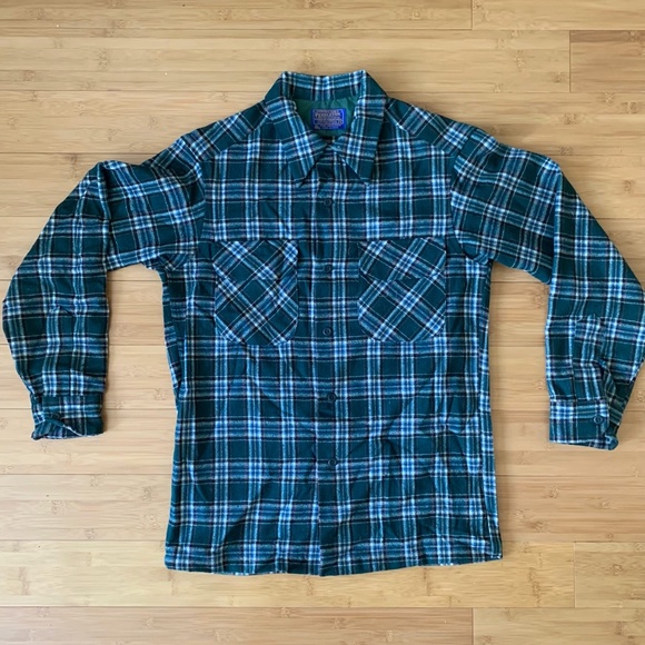 Vtg 60s Pendleton Board Shirt Sz Small Green Plaid Wool Loop Collar Flap Pocket - Picture 4 of 12